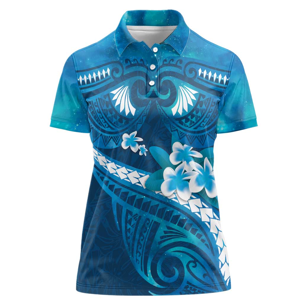 Blue Polynesia Women Polo Shirt Tribal Pattern Tropical Frangipani