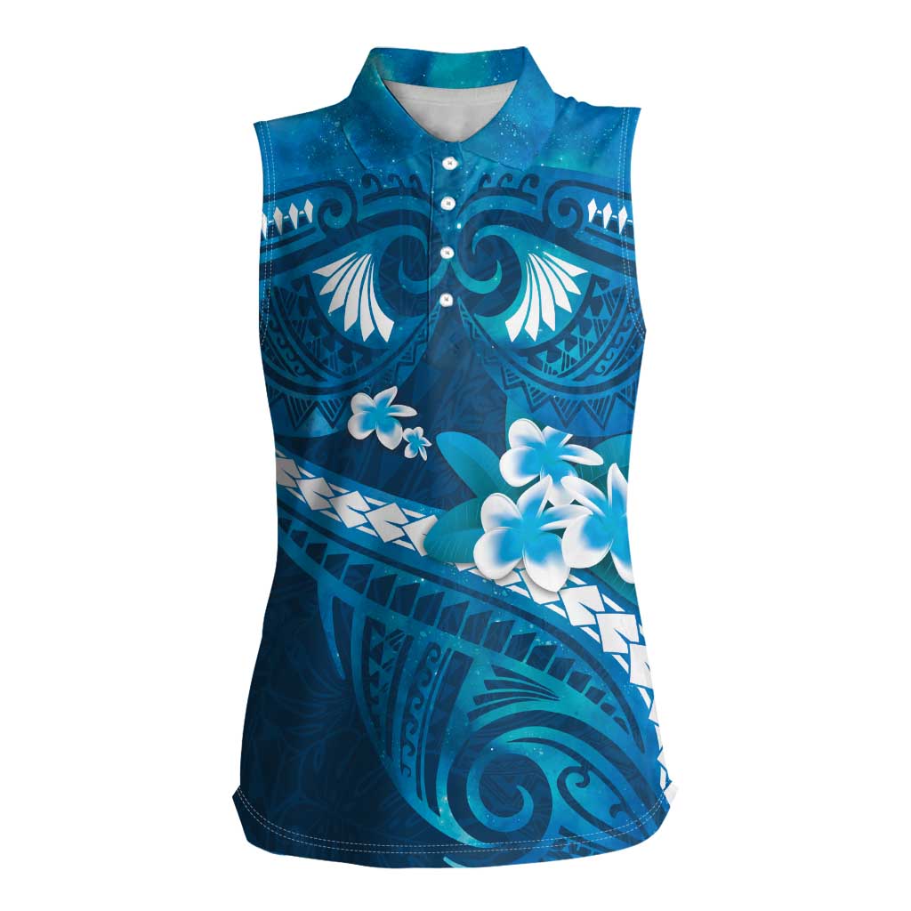 Blue Polynesia Women Sleeveless Polo Shirt Tribal Pattern Tropical Frangipani