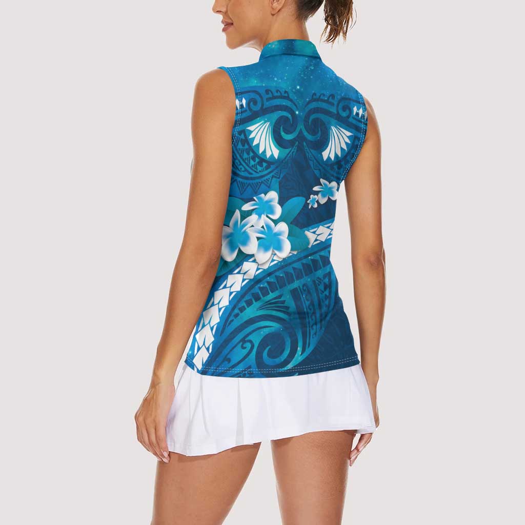 Blue Polynesia Women Sleeveless Polo Shirt Tribal Pattern Tropical Frangipani