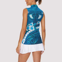 Blue Polynesia Women Sleeveless Polo Shirt Tribal Pattern Tropical Frangipani