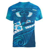 Blue Polynesia Women V-Neck T-Shirt Tribal Pattern Tropical Frangipani