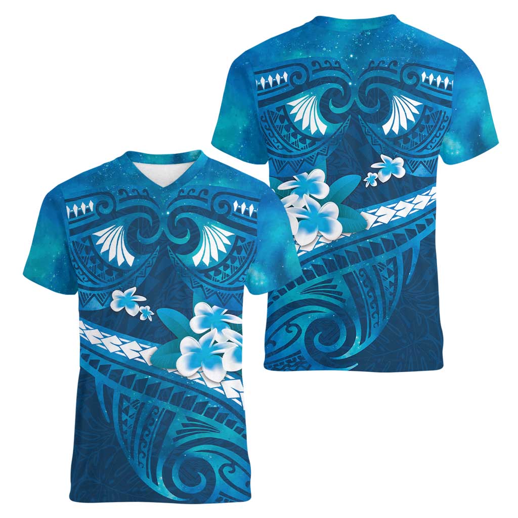 Blue Polynesia Women V-Neck T-Shirt Tribal Pattern Tropical Frangipani