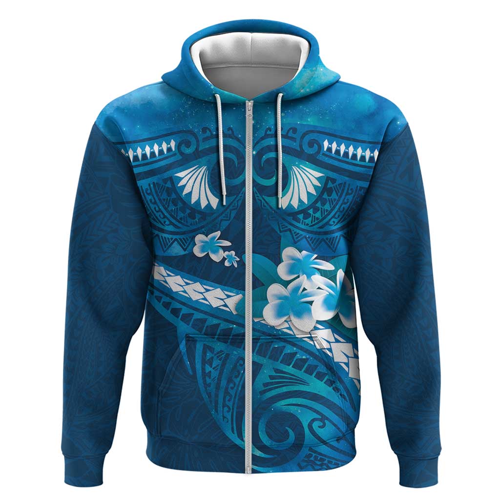 Blue Polynesia Zip Hoodie Tribal Pattern Tropical Frangipani