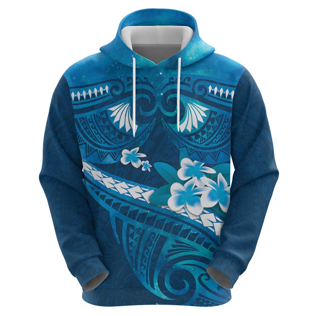 Blue Polynesia Zip Hoodie Tribal Pattern Tropical Frangipani
