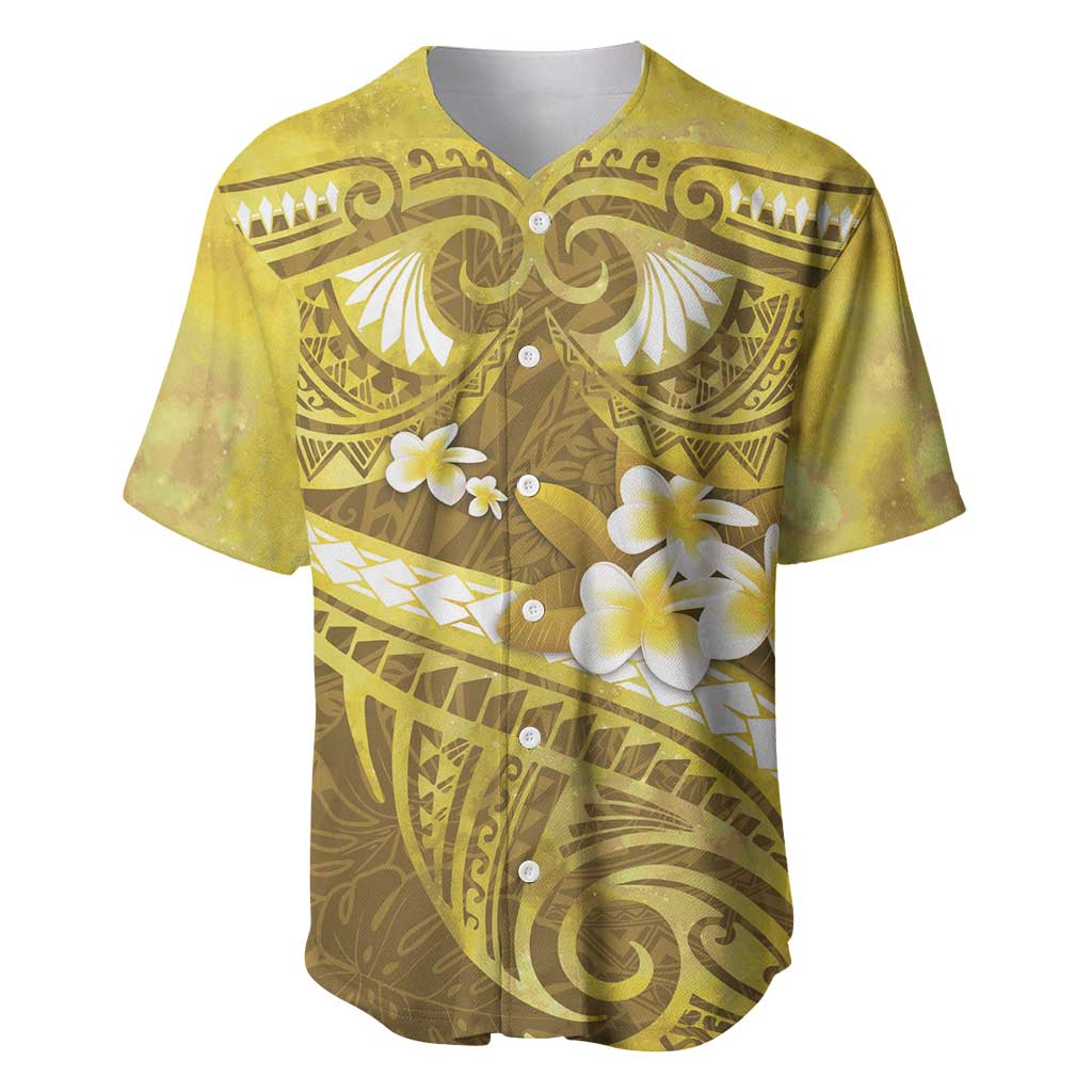 Gold Polynesia Baseball Jersey Tribal Pattern Tropical Frangipani