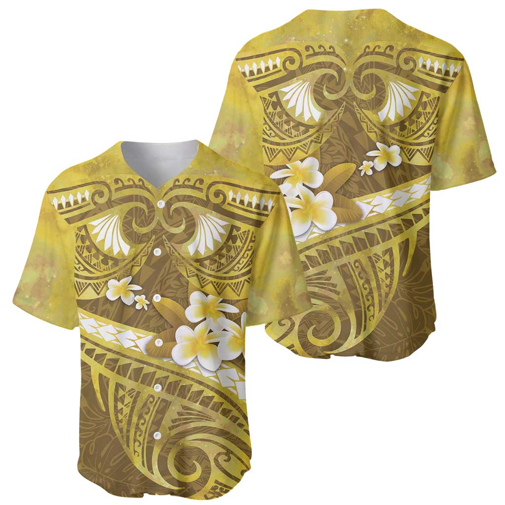 Gold Polynesia Baseball Jersey Tribal Pattern Tropical Frangipani