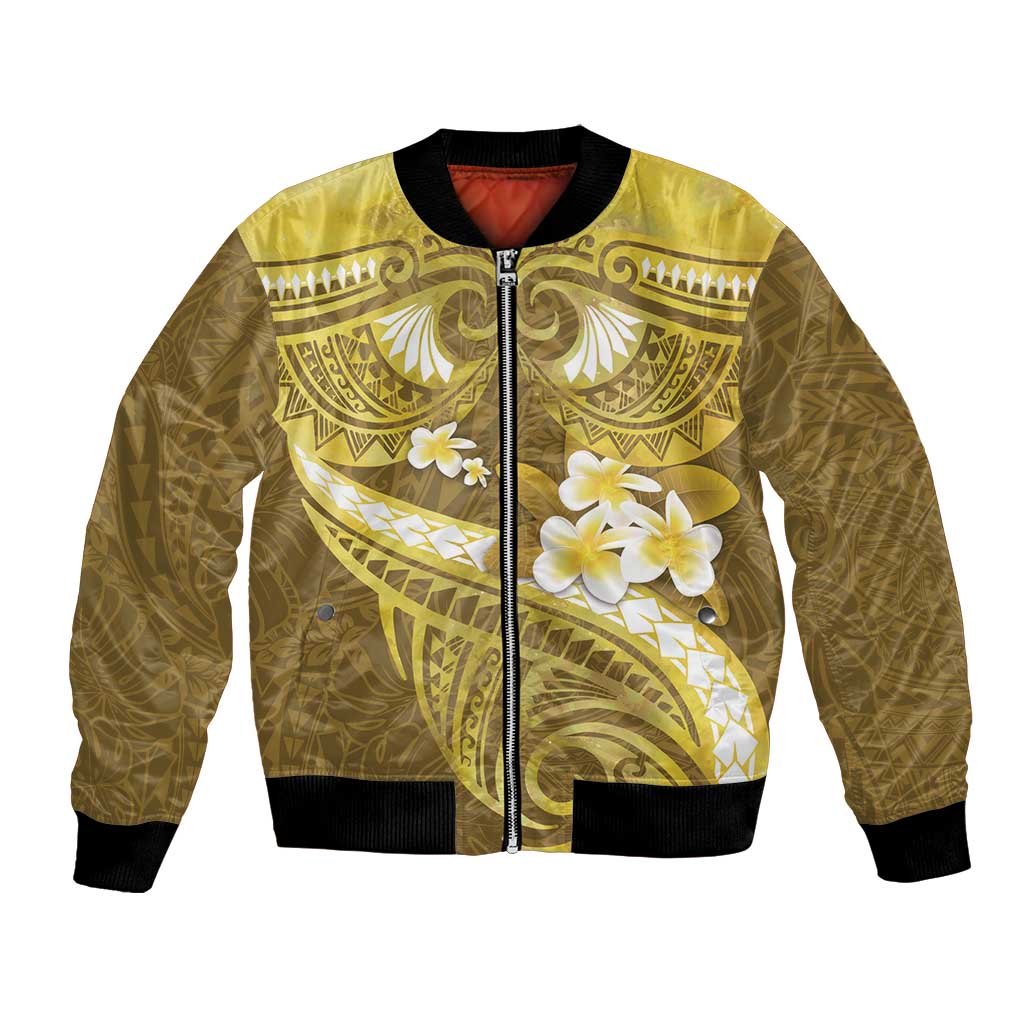 Gold Polynesia Bomber Jacket Tribal Pattern Tropical Frangipani