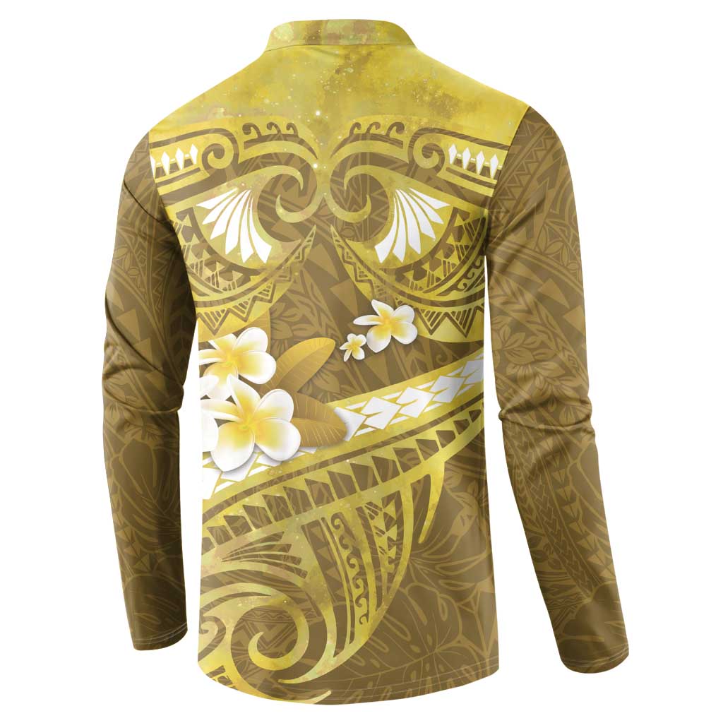 Gold Polynesia Button Sweatshirt Tribal Pattern Tropical Frangipani LT14 - Polynesian Pride
