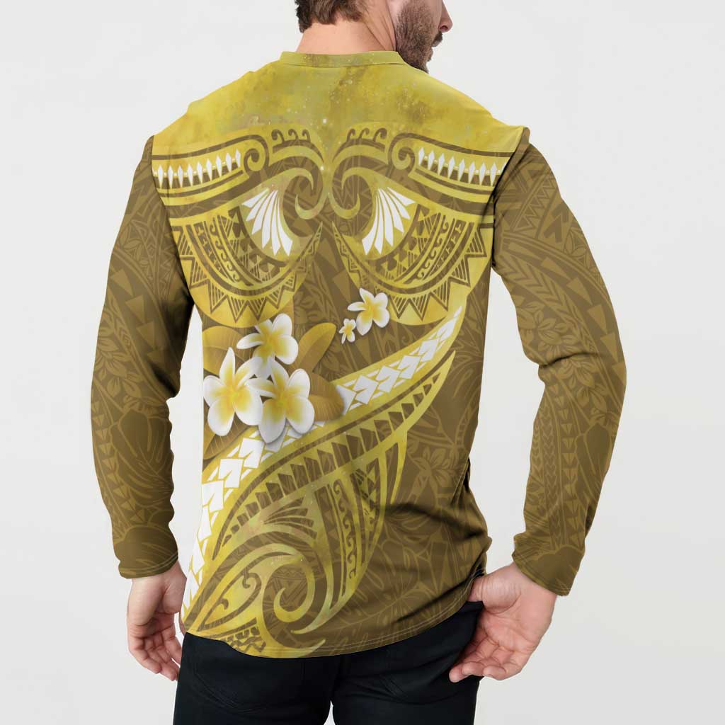 Gold Polynesia Button Sweatshirt Tribal Pattern Tropical Frangipani LT14 - Polynesian Pride