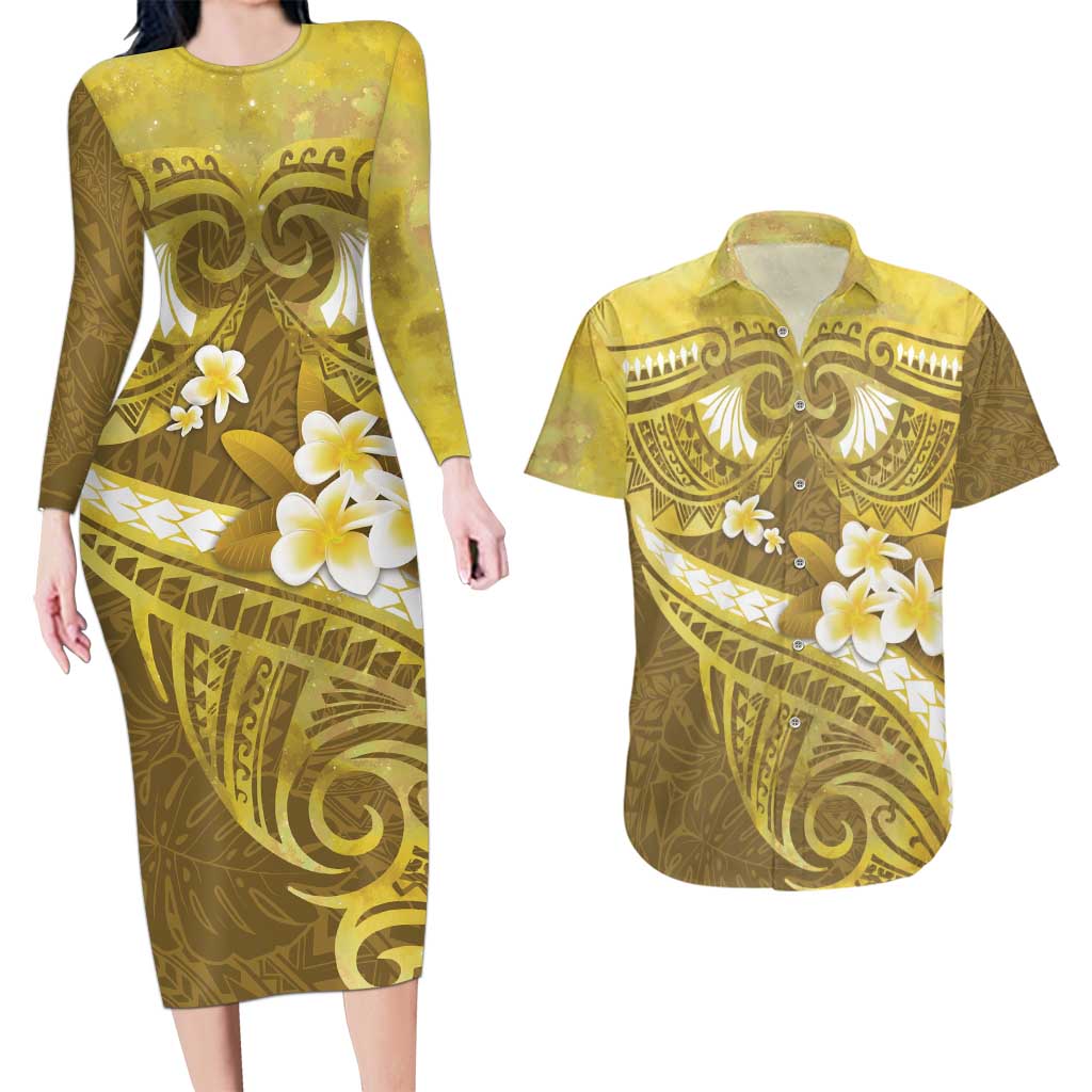 Gold Polynesia Couples Matching Long Sleeve Bodycon Dress and Hawaiian Shirt Tribal Pattern Tropical Frangipani LT14 Gold - Polynesian Pride