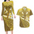Gold Polynesia Couples Matching Long Sleeve Bodycon Dress and Hawaiian Shirt Tribal Pattern Tropical Frangipani