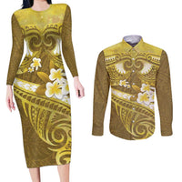 Gold Polynesia Couples Matching Long Sleeve Bodycon Dress and Long Sleeve Button Shirt Tribal Pattern Tropical Frangipani LT14 Gold - Polynesian Pride