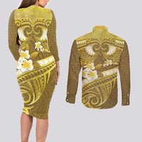 Gold Polynesia Couples Matching Long Sleeve Bodycon Dress and Long Sleeve Button Shirt Tribal Pattern Tropical Frangipani LT14 - Polynesian Pride