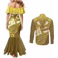 Gold Polynesia Couples Matching Mermaid Dress and Long Sleeve Button Shirt Tribal Pattern Tropical Frangipani LT14 - Polynesian Pride