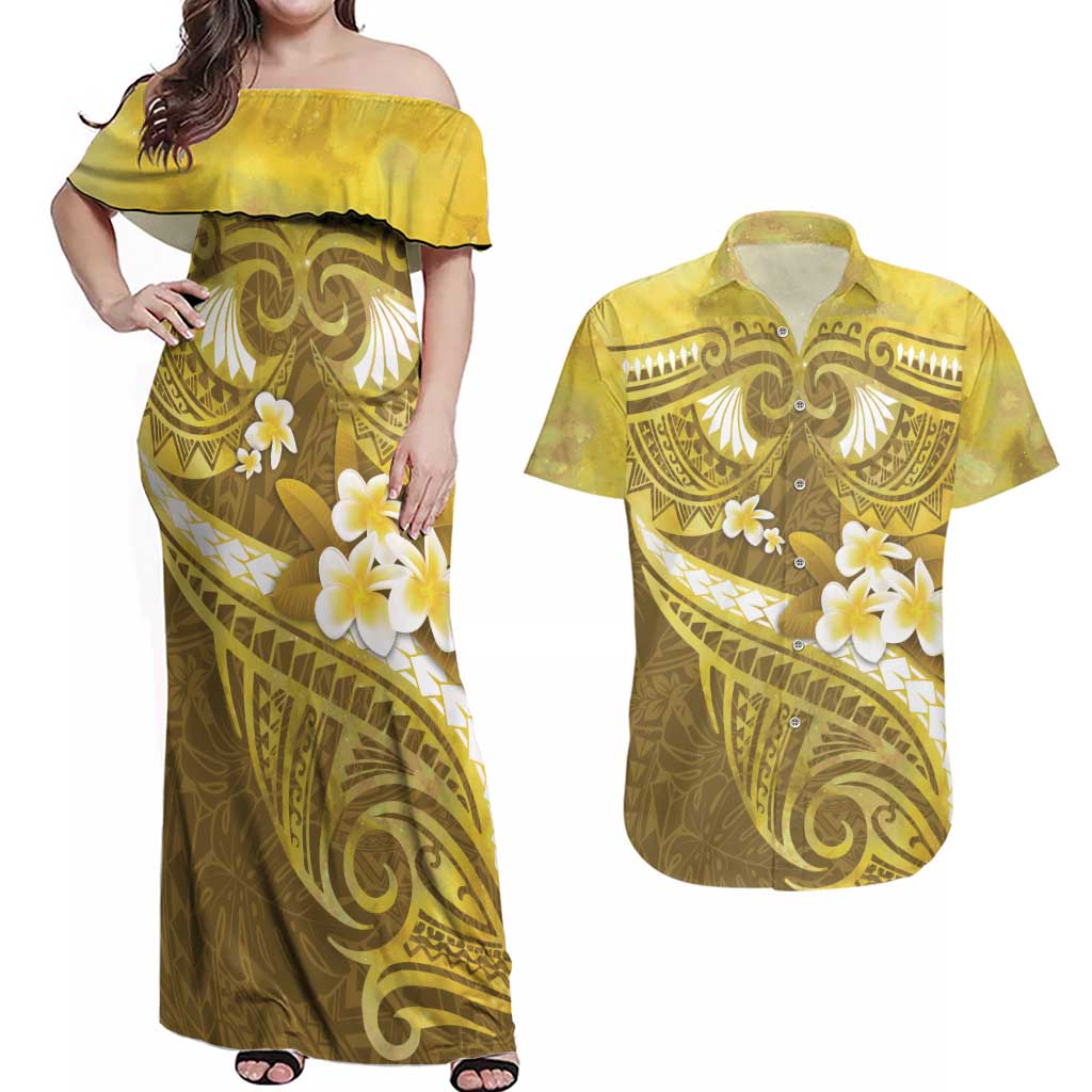 Gold Polynesia Couples Matching Off Shoulder Maxi Dress and Hawaiian Shirt Tribal Pattern Tropical Frangipani