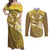 Gold Polynesia Couples Matching Off Shoulder Maxi Dress and Long Sleeve Button Shirt Tribal Pattern Tropical Frangipani