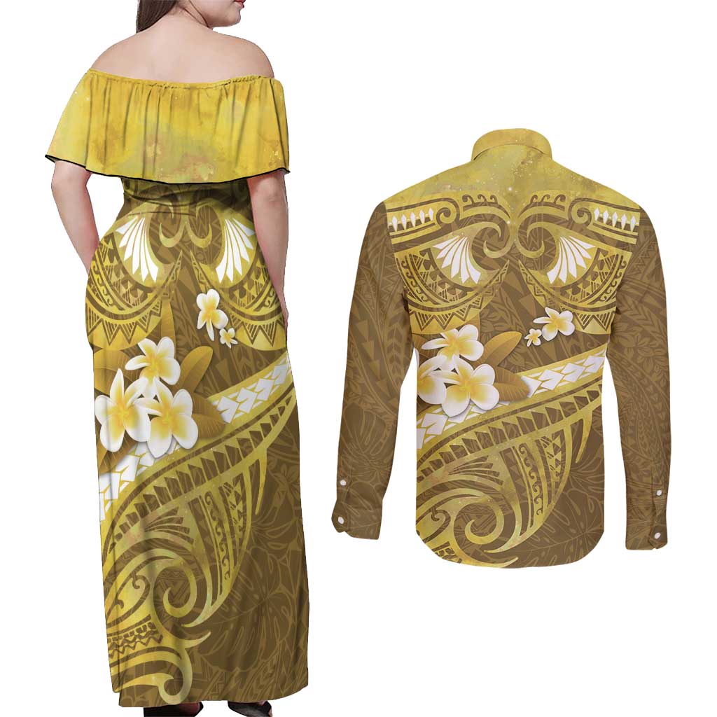 Gold Polynesia Couples Matching Off Shoulder Maxi Dress and Long Sleeve Button Shirt Tribal Pattern Tropical Frangipani LT14 - Polynesian Pride