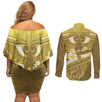 Gold Polynesia Couples Matching Off Shoulder Short Dress and Long Sleeve Button Shirt Tribal Pattern Tropical Frangipani LT14 - Polynesian Pride