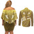 Gold Polynesia Couples Matching Off Shoulder Short Dress and Long Sleeve Button Shirt Tribal Pattern Tropical Frangipani