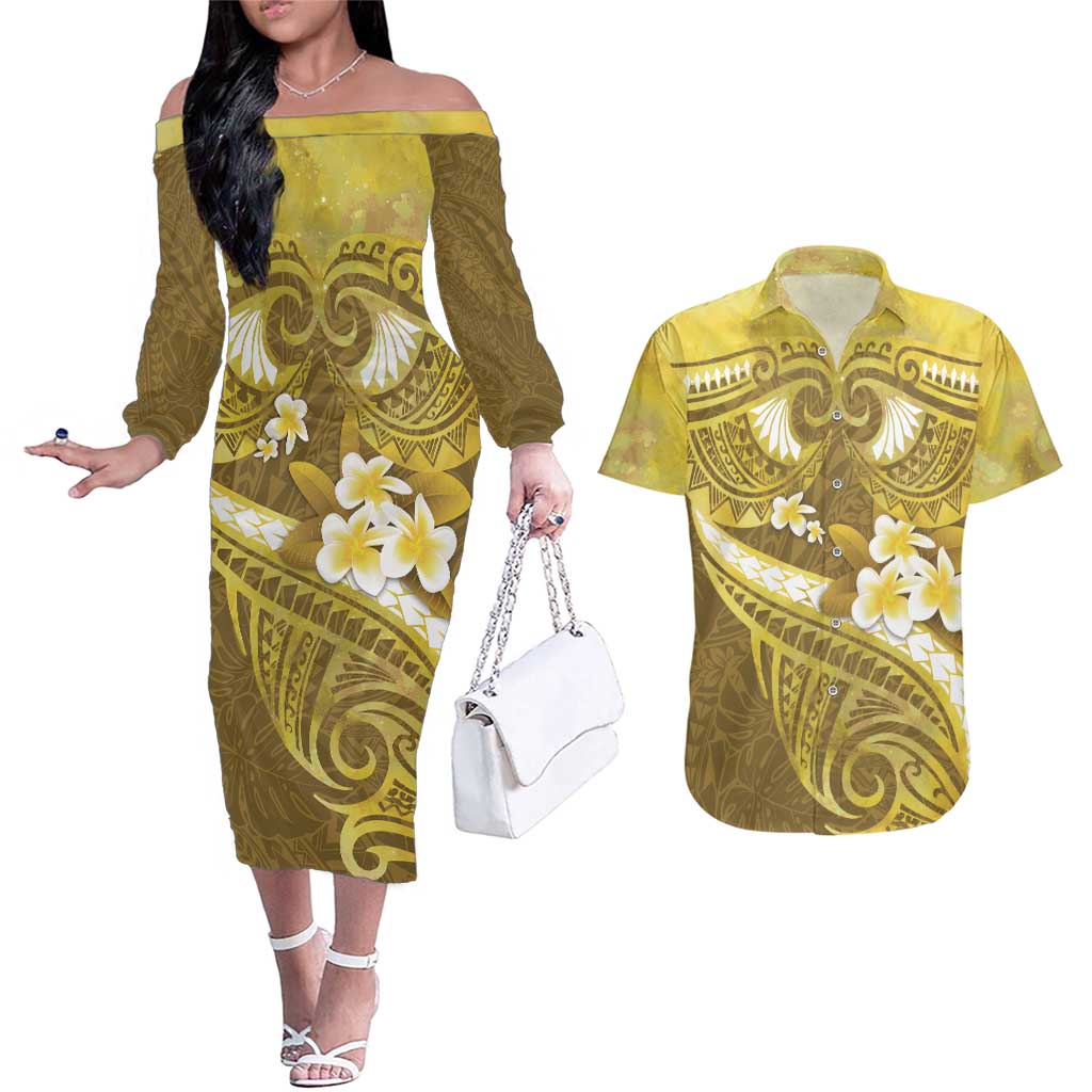 Gold Polynesia Couples Matching Off The Shoulder Long Sleeve Dress and Hawaiian Shirt Tribal Pattern Tropical Frangipani LT14 Gold - Polynesian Pride