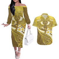 Gold Polynesia Couples Matching Off The Shoulder Long Sleeve Dress and Hawaiian Shirt Tribal Pattern Tropical Frangipani LT14 Gold - Polynesian Pride