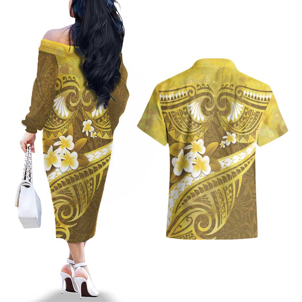 Gold Polynesia Couples Matching Off The Shoulder Long Sleeve Dress and Hawaiian Shirt Tribal Pattern Tropical Frangipani LT14 - Polynesian Pride