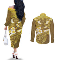 Gold Polynesia Couples Matching Off The Shoulder Long Sleeve Dress and Long Sleeve Button Shirt Tribal Pattern Tropical Frangipani LT14 - Polynesian Pride