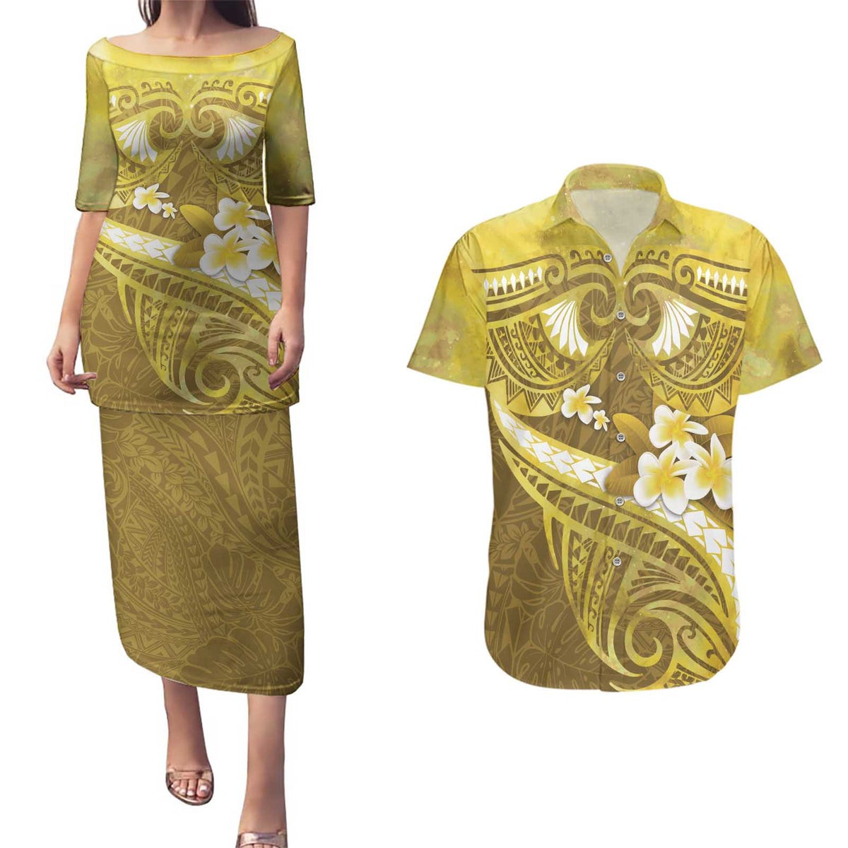 Gold Polynesia Couples Matching Puletasi and Hawaiian Shirt Tribal Pattern Tropical Frangipani LT14 Gold - Polynesian Pride