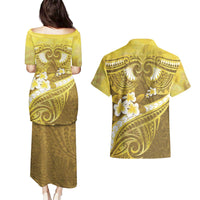 Gold Polynesia Couples Matching Puletasi and Hawaiian Shirt Tribal Pattern Tropical Frangipani LT14 - Polynesian Pride