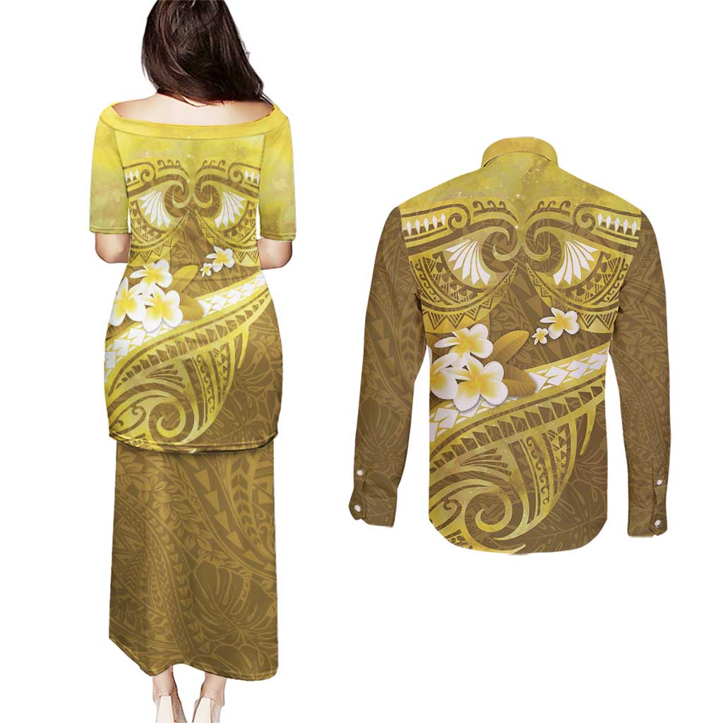 Gold Polynesia Couples Matching Puletasi and Long Sleeve Button Shirt Tribal Pattern Tropical Frangipani LT14 - Polynesian Pride