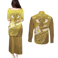Gold Polynesia Couples Matching Puletasi and Long Sleeve Button Shirt Tribal Pattern Tropical Frangipani LT14 - Polynesian Pride