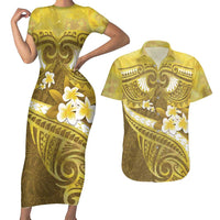 Gold Polynesia Couples Matching Short Sleeve Bodycon Dress and Hawaiian Shirt Tribal Pattern Tropical Frangipani LT14 Gold - Polynesian Pride