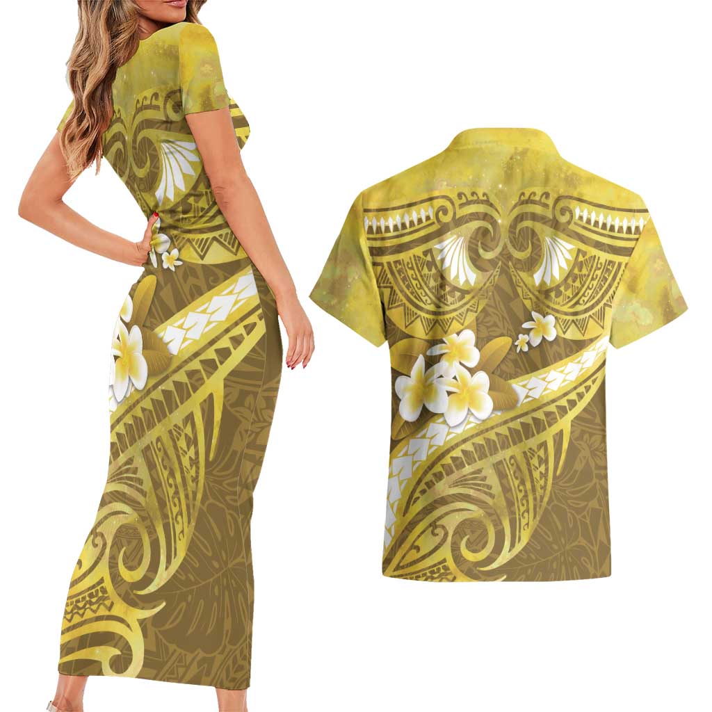 Gold Polynesia Couples Matching Short Sleeve Bodycon Dress and Hawaiian Shirt Tribal Pattern Tropical Frangipani LT14 - Polynesian Pride