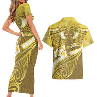Gold Polynesia Couples Matching Short Sleeve Bodycon Dress and Hawaiian Shirt Tribal Pattern Tropical Frangipani LT14 - Polynesian Pride