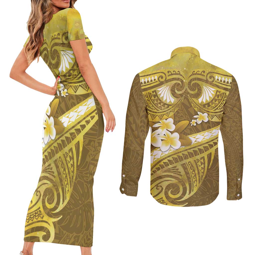 Gold Polynesia Couples Matching Short Sleeve Bodycon Dress and Long Sleeve Button Shirt Tribal Pattern Tropical Frangipani LT14 - Polynesian Pride