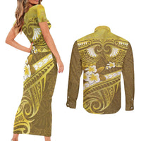 Gold Polynesia Couples Matching Short Sleeve Bodycon Dress and Long Sleeve Button Shirt Tribal Pattern Tropical Frangipani LT14 - Polynesian Pride