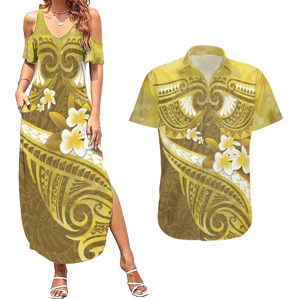 Gold Polynesia Couples Matching Summer Maxi Dress and Hawaiian Shirt Tribal Pattern Tropical Frangipani LT14 Gold - Polynesian Pride