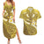 Gold Polynesia Couples Matching Summer Maxi Dress and Hawaiian Shirt Tribal Pattern Tropical Frangipani