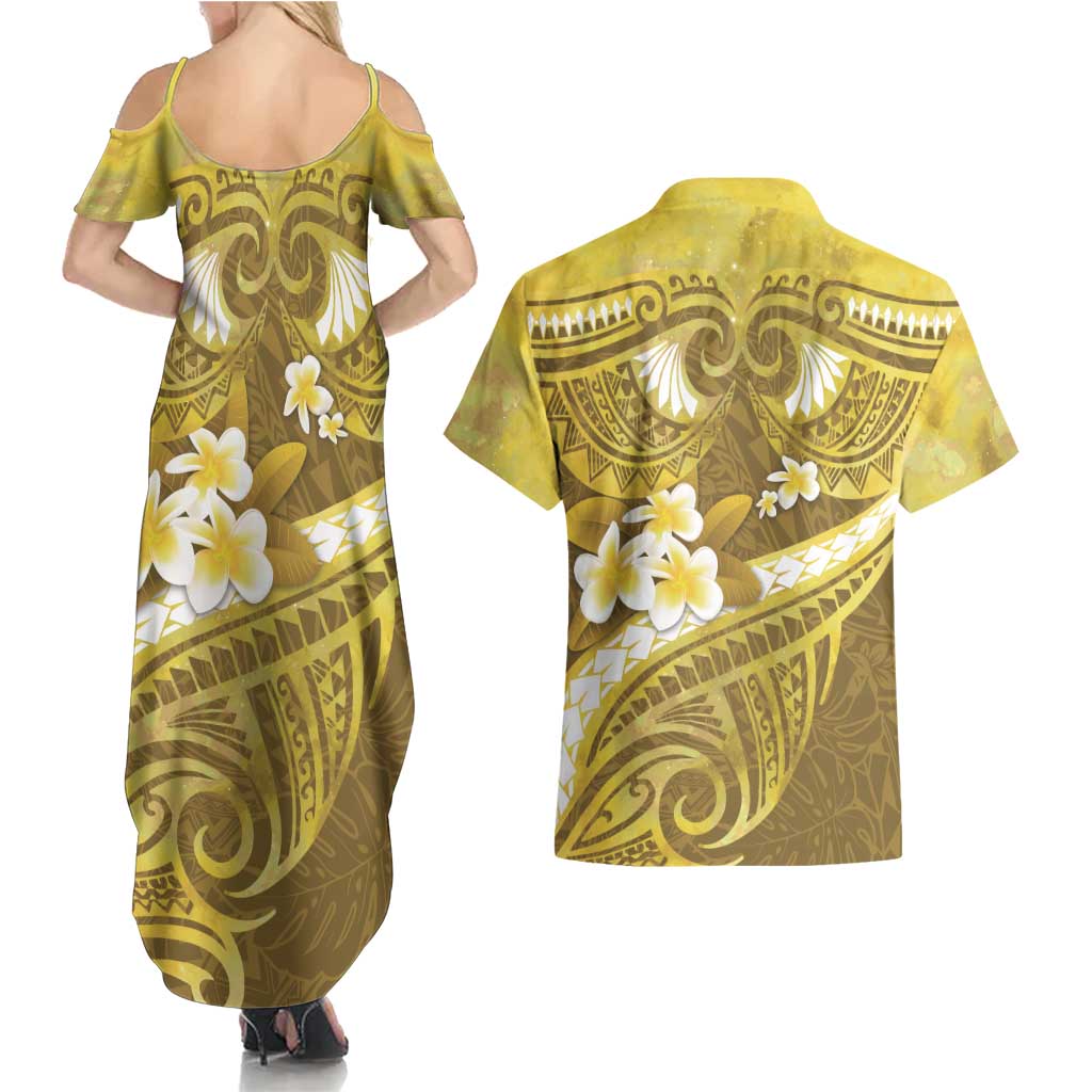 Gold Polynesia Couples Matching Summer Maxi Dress and Hawaiian Shirt Tribal Pattern Tropical Frangipani LT14 - Polynesian Pride