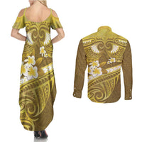 Gold Polynesia Couples Matching Summer Maxi Dress and Long Sleeve Button Shirt Tribal Pattern Tropical Frangipani LT14 - Polynesian Pride