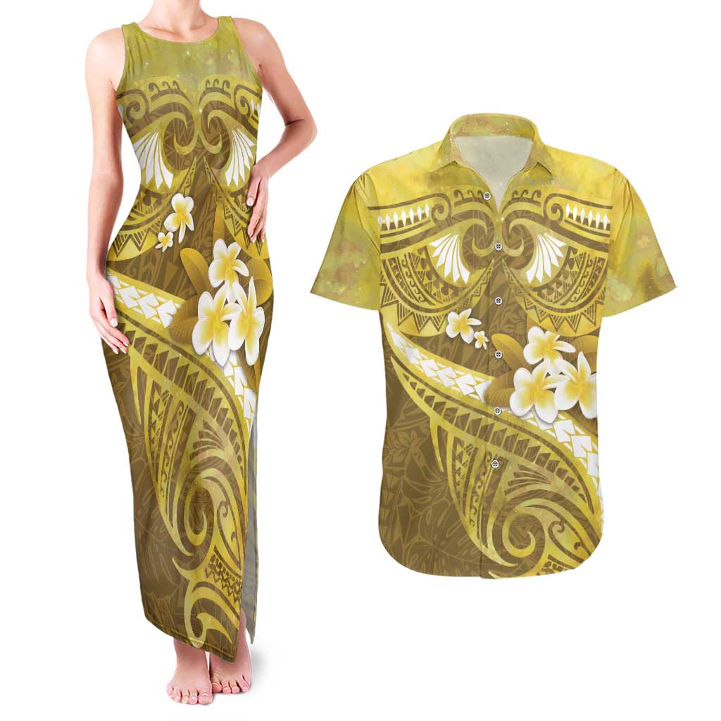 Gold Polynesia Couples Matching Tank Maxi Dress and Hawaiian Shirt Tribal Pattern Tropical Frangipani LT14 Gold - Polynesian Pride