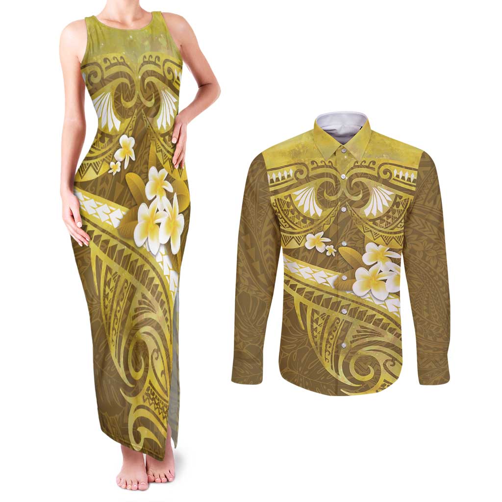 Gold Polynesia Couples Matching Tank Maxi Dress and Long Sleeve Button Shirt Tribal Pattern Tropical Frangipani LT14 Gold - Polynesian Pride