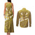 Gold Polynesia Couples Matching Tank Maxi Dress and Long Sleeve Button Shirt Tribal Pattern Tropical Frangipani