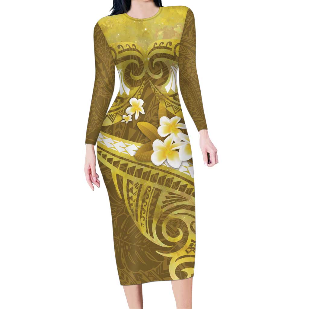 Gold Polynesia Family Matching Long Sleeve Bodycon Dress and Hawaiian Shirt Tribal Pattern Tropical Frangipani LT14 Mom's Dress Gold - Polynesian Pride