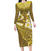 Gold Polynesia Family Matching Long Sleeve Bodycon Dress and Hawaiian Shirt Tribal Pattern Tropical Frangipani LT14 Mom's Dress Gold - Polynesian Pride