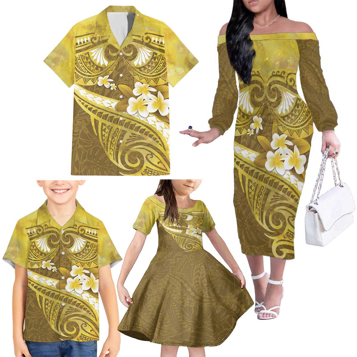 Gold Polynesia Family Matching Off The Shoulder Long Sleeve Dress and Hawaiian Shirt Tribal Pattern Tropical Frangipani