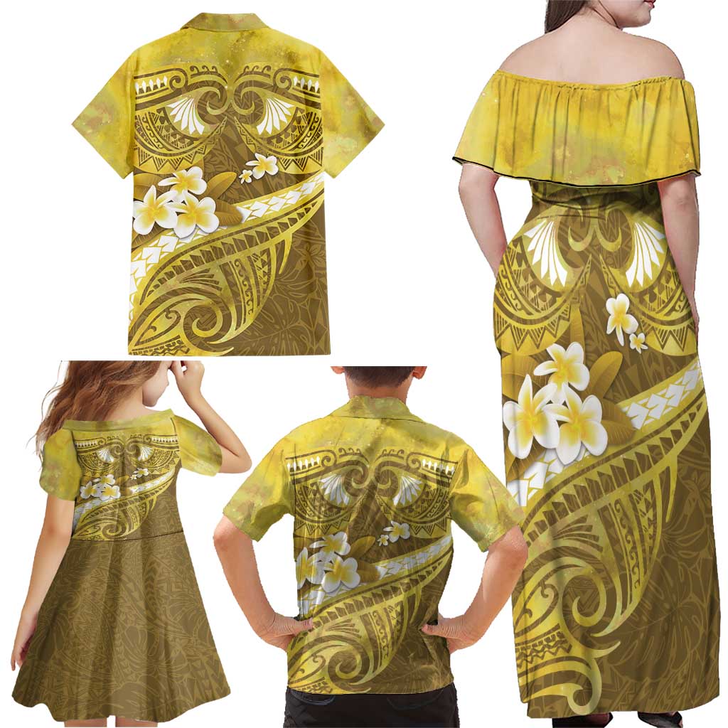 Gold Polynesia Family Matching Off Shoulder Maxi Dress and Hawaiian Shirt Tribal Pattern Tropical Frangipani LT14 - Polynesian Pride