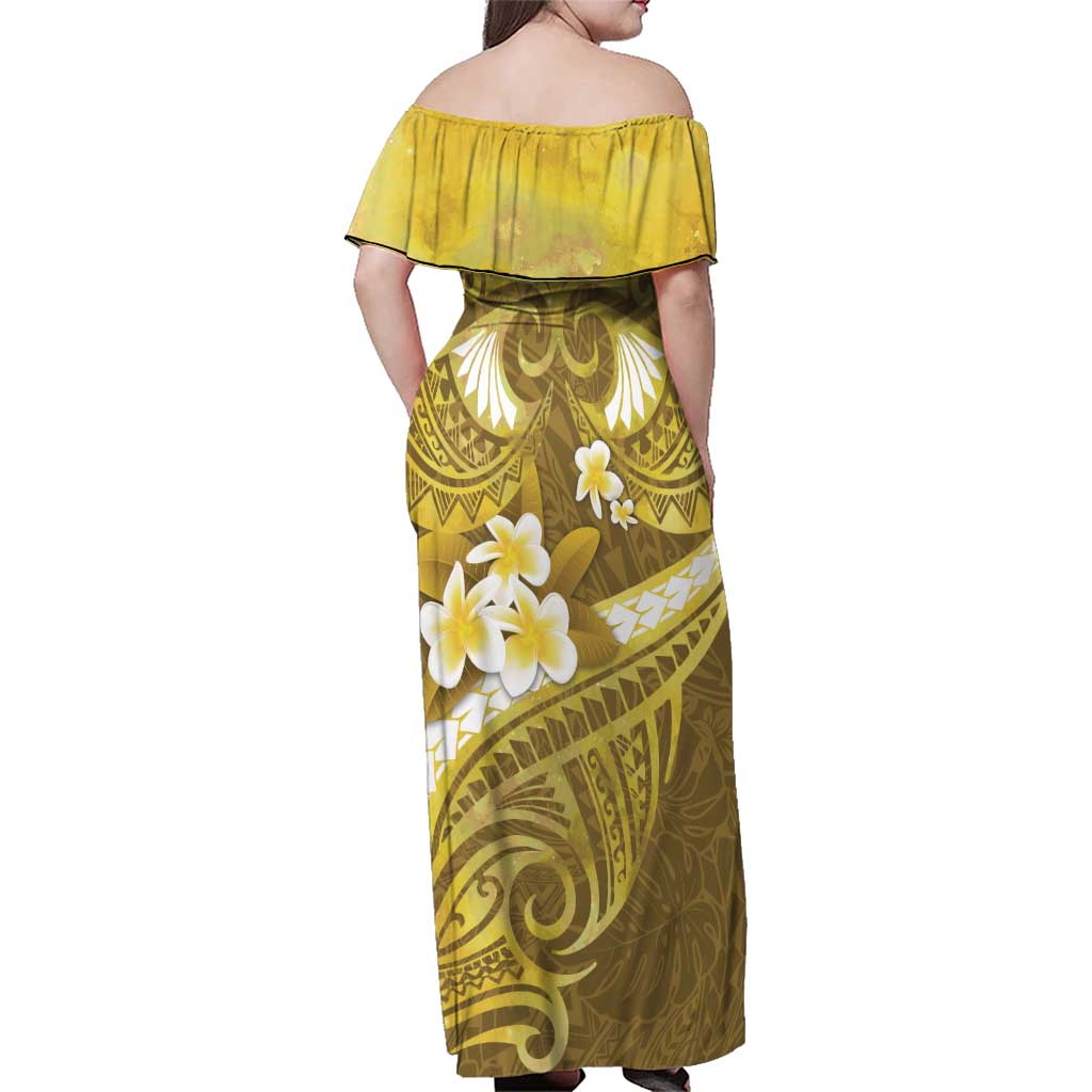 Gold Polynesia Family Matching Off Shoulder Maxi Dress and Hawaiian Shirt Tribal Pattern Tropical Frangipani LT14 - Polynesian Pride