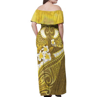 Gold Polynesia Family Matching Off Shoulder Maxi Dress and Hawaiian Shirt Tribal Pattern Tropical Frangipani LT14 - Polynesian Pride