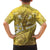 Gold Polynesia Family Matching Off Shoulder Short Dress and Hawaiian Shirt Tribal Pattern Tropical Frangipani